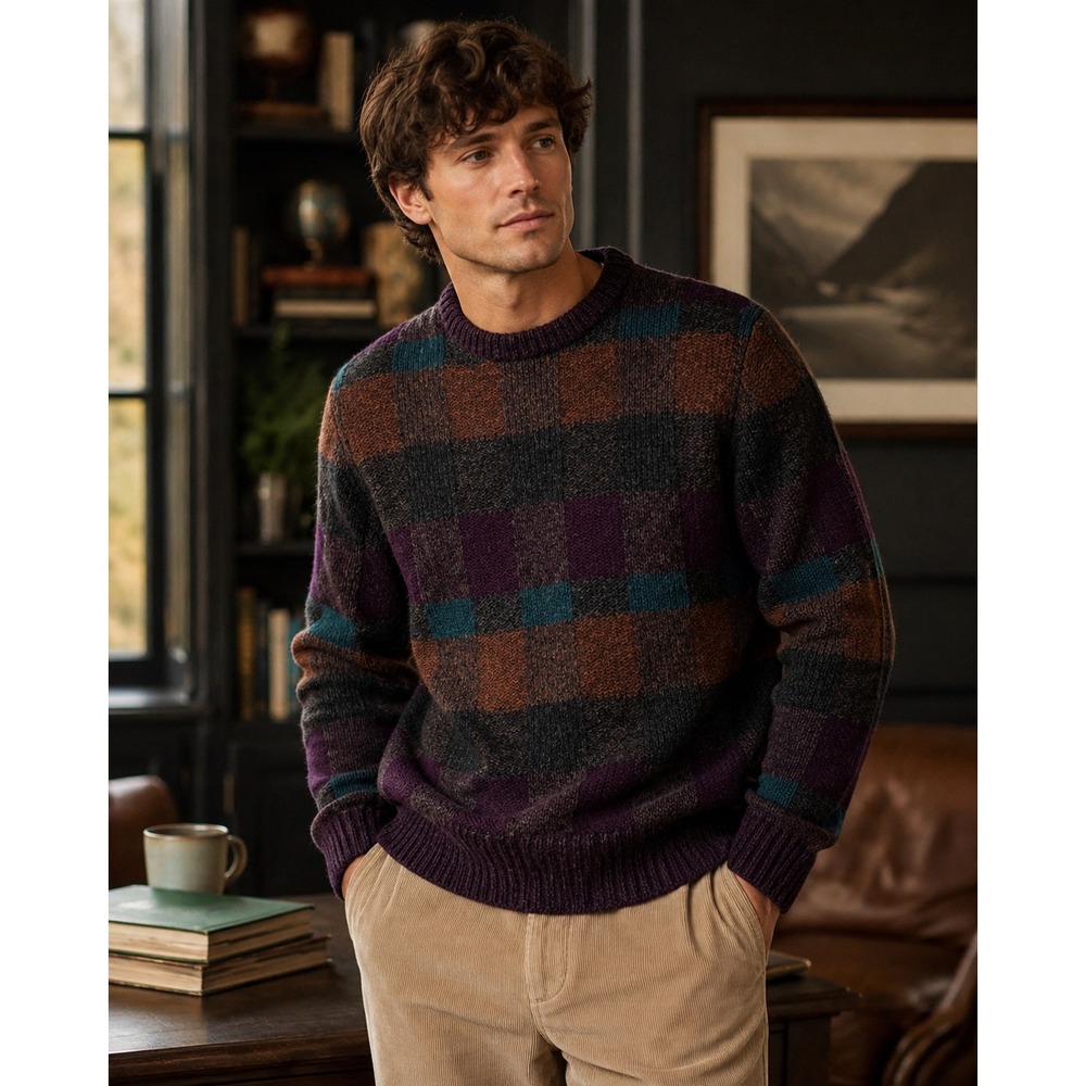 Preswick & Moore Sweater Mens Large Purple Plaid Wool Vintage Grandpa Academia